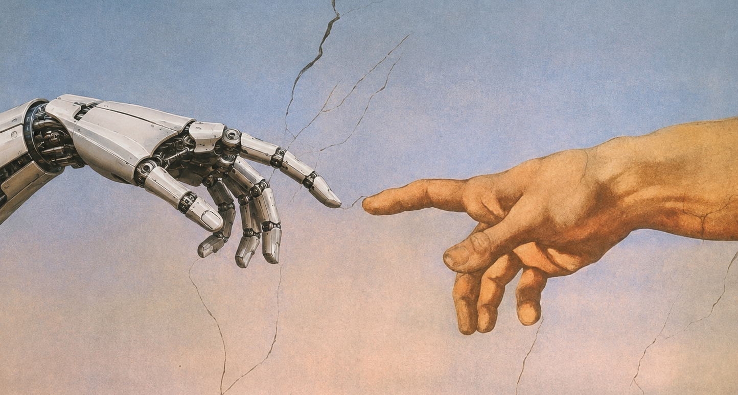 A robotic hand and a human hand reaching toward one another against a mural-like sky, not yet touching.